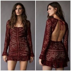NWT For Love and Lemons Emerie Mini Burgundy Red Dress Lace Long Sleeves Size S